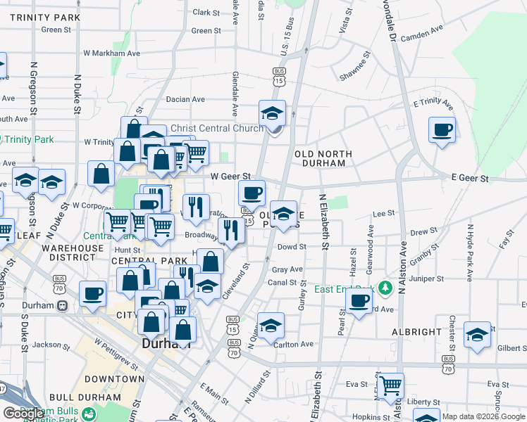 map of restaurants, bars, coffee shops, grocery stores, and more near in Durham