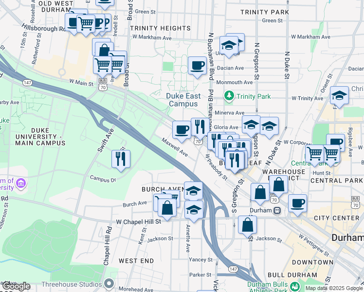 map of restaurants, bars, coffee shops, grocery stores, and more near 981 Maxwell Avenue in Durham