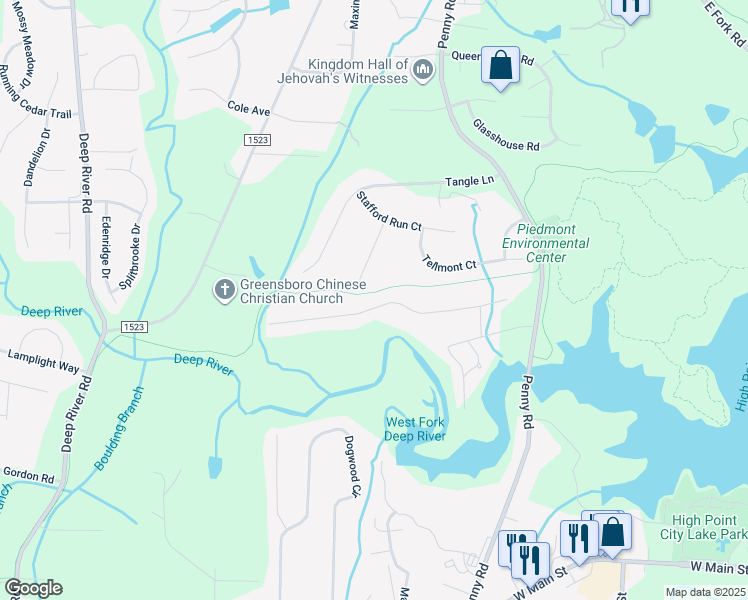 map of restaurants, bars, coffee shops, grocery stores, and more near 1139 Pennywood Drive in High Point