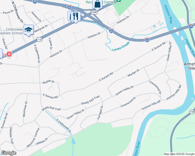 map of restaurants, bars, coffee shops, grocery stores, and more near 5312 East Sunset Road in Knoxville