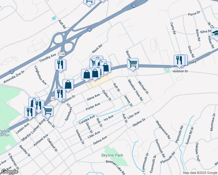map of restaurants, bars, coffee shops, grocery stores, and more near 212 Connex Street in Knoxville