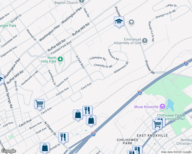 map of restaurants, bars, coffee shops, grocery stores, and more near 3122 Wilderness Road in Knoxville