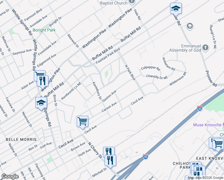 map of restaurants, bars, coffee shops, grocery stores, and more near 2819 Gaston Avenue in Knoxville
