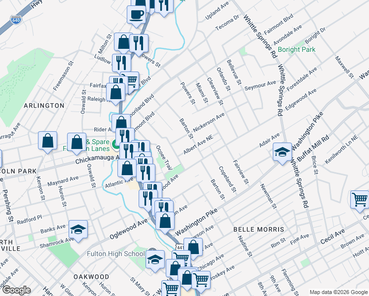 map of restaurants, bars, coffee shops, grocery stores, and more near 3101 Dempster Street Northeast in Knoxville