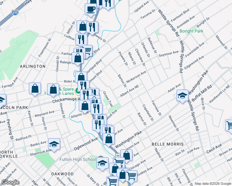 map of restaurants, bars, coffee shops, grocery stores, and more near 3101 Dempster Street Northeast in Knoxville