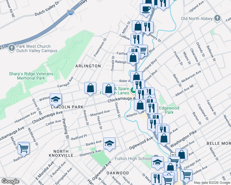 map of restaurants, bars, coffee shops, grocery stores, and more near 1105 Chickamauga Avenue in Knoxville