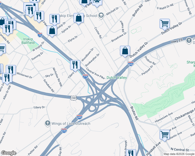 map of restaurants, bars, coffee shops, grocery stores, and more near Interstate 275 in Knoxville