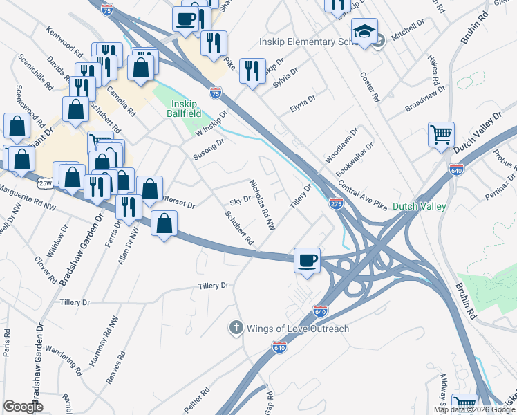map of restaurants, bars, coffee shops, grocery stores, and more near 4409 Nicholas Road Northwest in Knoxville