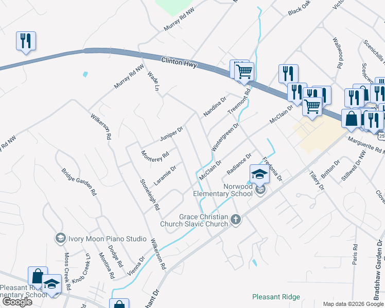 map of restaurants, bars, coffee shops, grocery stores, and more near 5716 Melstone Road in Knoxville