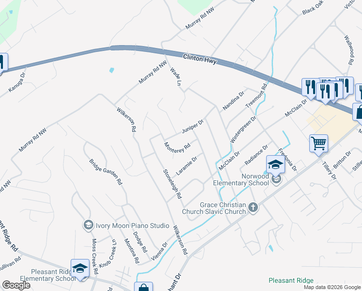 map of restaurants, bars, coffee shops, grocery stores, and more near 2320 Monterey Road in Knoxville