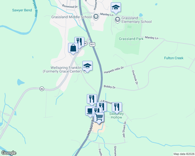 map of restaurants, bars, coffee shops, grocery stores, and more near 2253 Hillsboro Road in Franklin