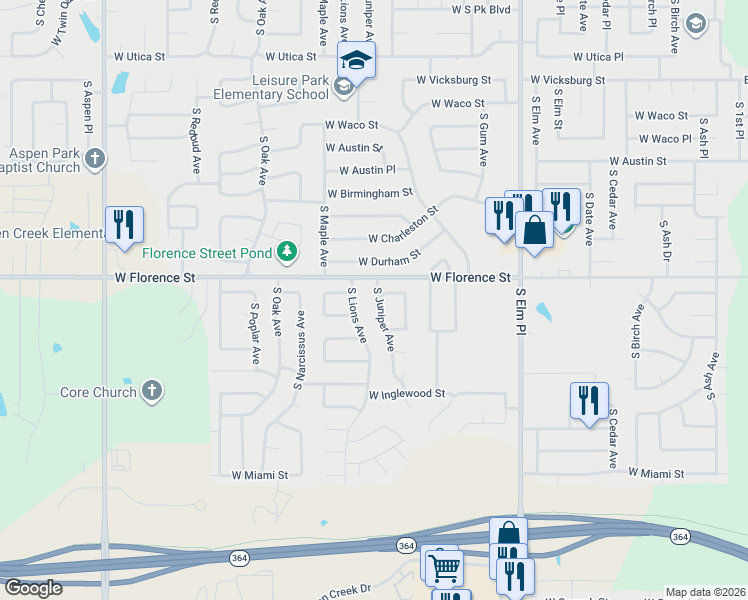 map of restaurants, bars, coffee shops, grocery stores, and more near 5000 South Juniper Avenue in Broken Arrow