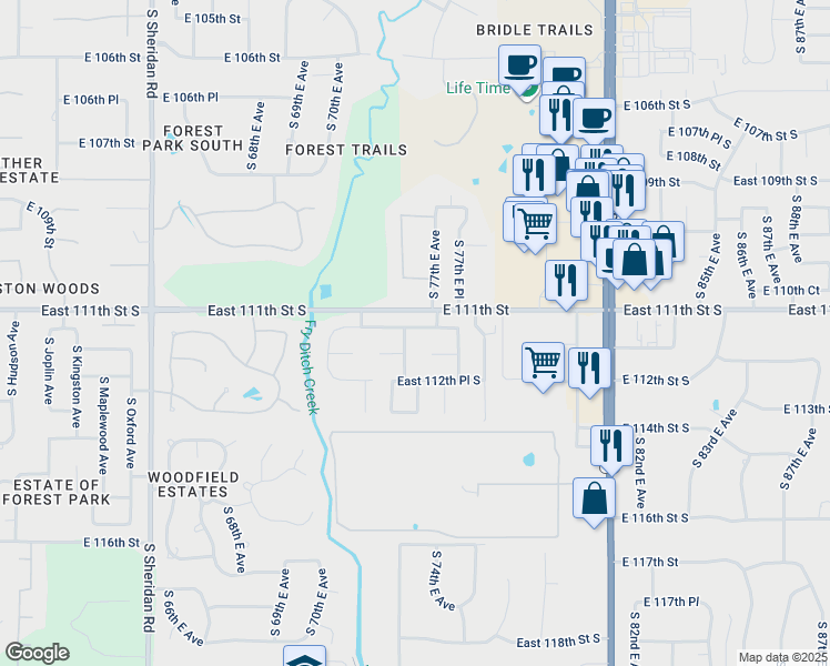 map of restaurants, bars, coffee shops, grocery stores, and more near 7325 East 112th Street South in Bixby