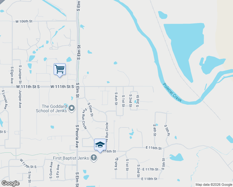 map of restaurants, bars, coffee shops, grocery stores, and more near 11204 South 1st Street in Jenks