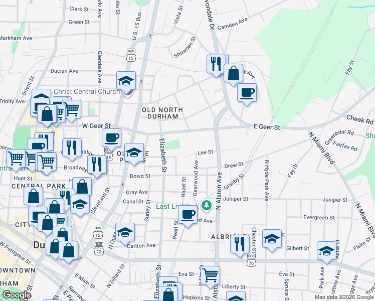 map of restaurants, bars, coffee shops, grocery stores, and more near 1409 Gearwood Avenue in Durham