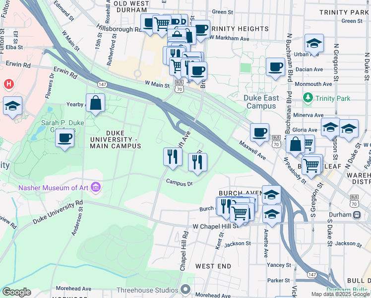 map of restaurants, bars, coffee shops, grocery stores, and more near 311 Swift Avenue in Durham
