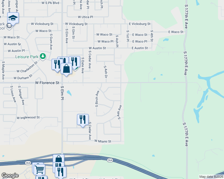 map of restaurants, bars, coffee shops, grocery stores, and more near 109 West Hot Springs Court in Broken Arrow