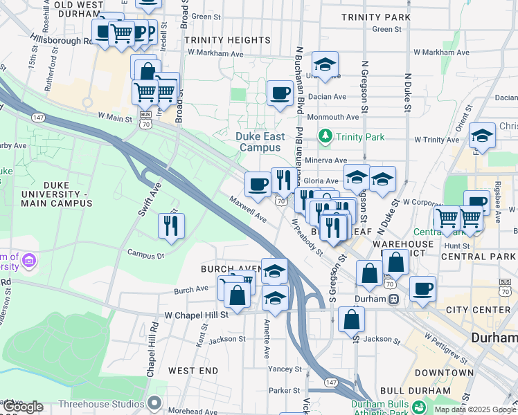 map of restaurants, bars, coffee shops, grocery stores, and more near in Durham