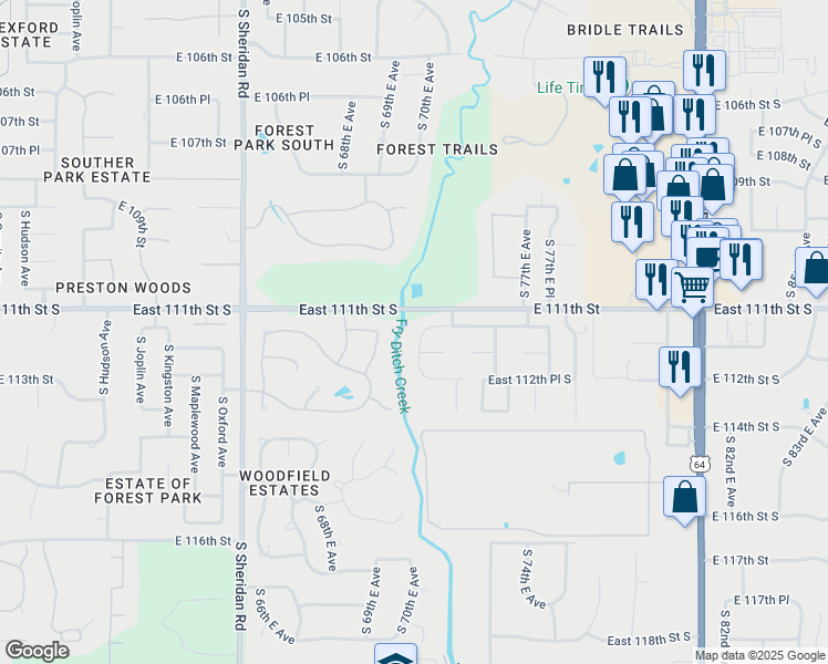 map of restaurants, bars, coffee shops, grocery stores, and more near 11190 South 72nd East Avenue in Bixby