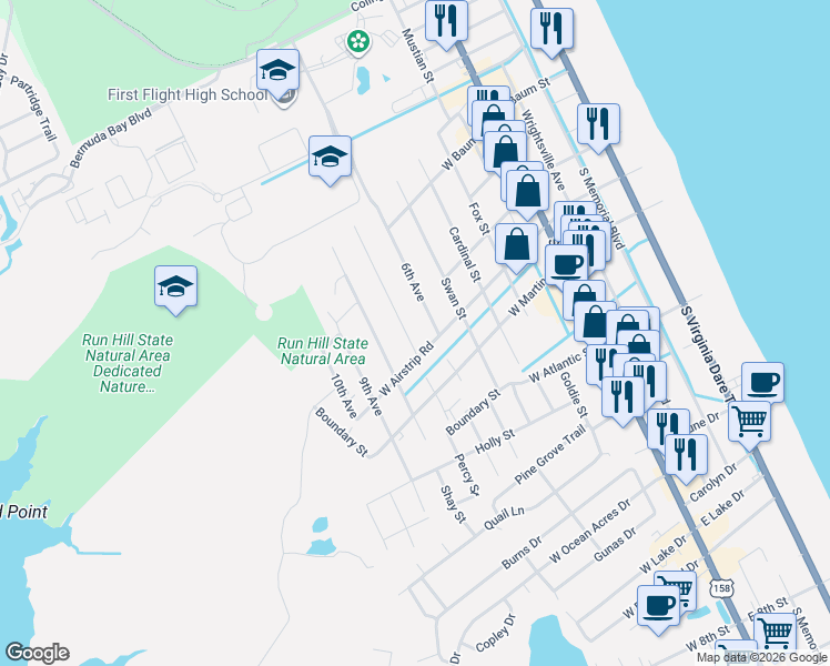 map of restaurants, bars, coffee shops, grocery stores, and more near 702 West Airstrip Road in Kill Devil Hills