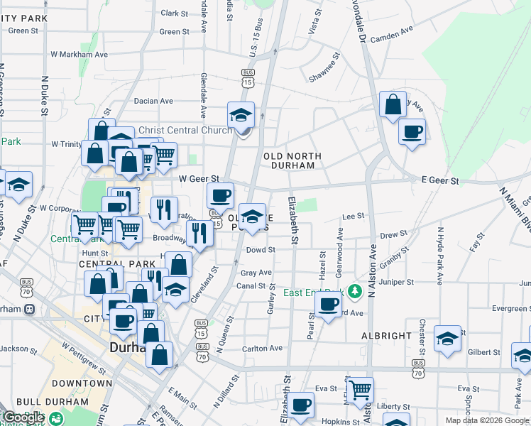 map of restaurants, bars, coffee shops, grocery stores, and more near 213 East Corporation Street in Durham