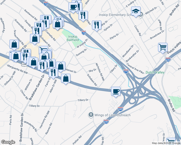 map of restaurants, bars, coffee shops, grocery stores, and more near 4416 Schubert Road in Knoxville