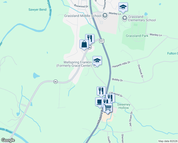 map of restaurants, bars, coffee shops, grocery stores, and more near 2419 Bethlehem Loop Road in Franklin