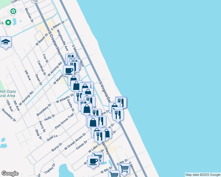 map of restaurants, bars, coffee shops, grocery stores, and more near 1409 South Virginia Dare Trail in Kill Devil Hills