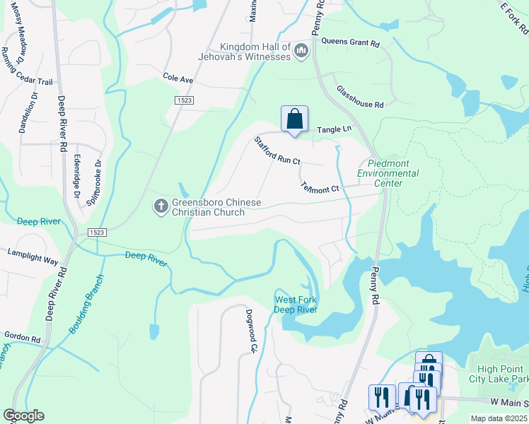 map of restaurants, bars, coffee shops, grocery stores, and more near 1139 Pennywood Drive in High Point