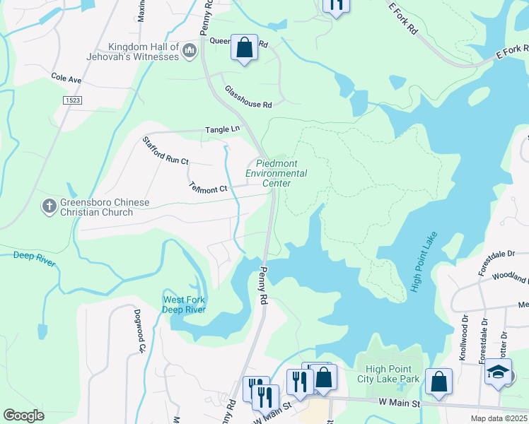 map of restaurants, bars, coffee shops, grocery stores, and more near 1207 Penny Road in High Point