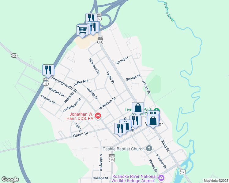 map of restaurants, bars, coffee shops, grocery stores, and more near 407 Belmont Street in Windsor