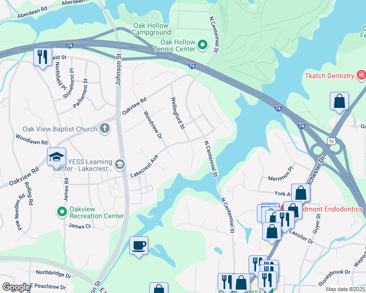 map of restaurants, bars, coffee shops, grocery stores, and more near 3015 Wellingford Street in High Point