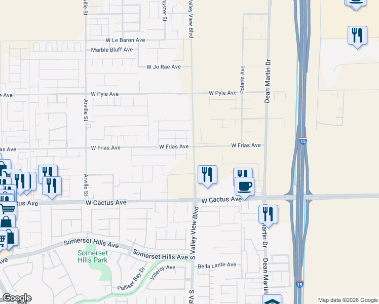 map of restaurants, bars, coffee shops, grocery stores, and more near South Valley View Boulevard in Las Vegas