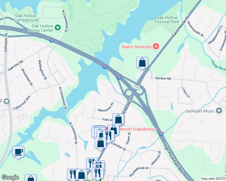 map of restaurants, bars, coffee shops, grocery stores, and more near 1702 Kimberly Place in High Point