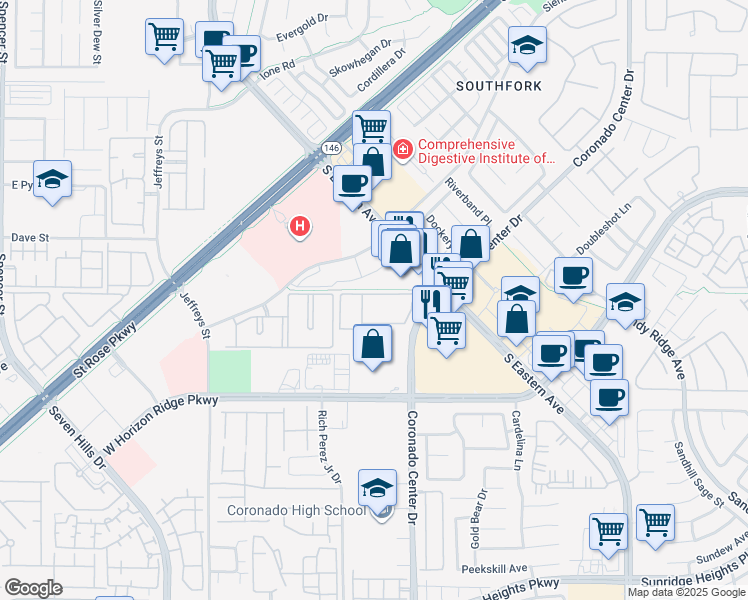 map of restaurants, bars, coffee shops, grocery stores, and more near 831 Coronado Center Drive in Henderson