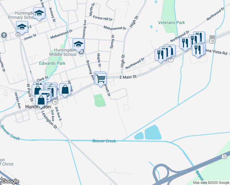 map of restaurants, bars, coffee shops, grocery stores, and more near 433 Hillcourt Circle in Huntingdon