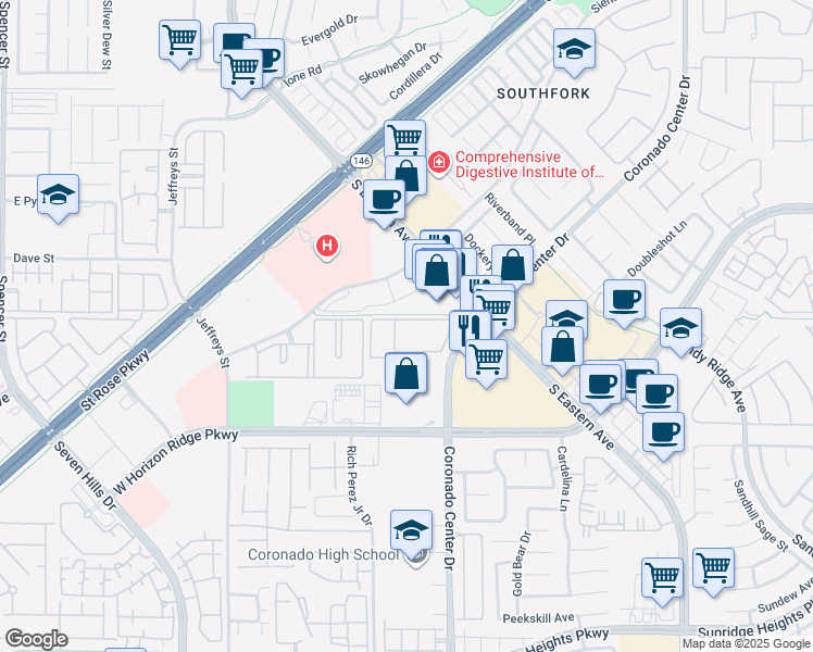 map of restaurants, bars, coffee shops, grocery stores, and more near 831 Coronado Center Drive in Henderson