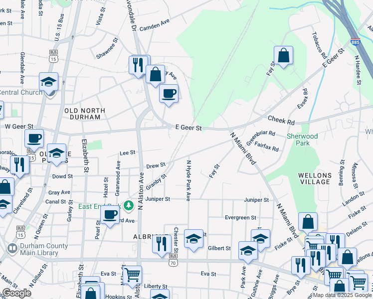 map of restaurants, bars, coffee shops, grocery stores, and more near 1521 North Hyde Park Avenue in Durham