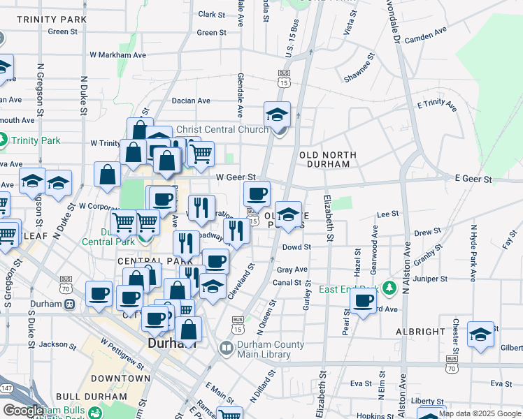 map of restaurants, bars, coffee shops, grocery stores, and more near in Durham
