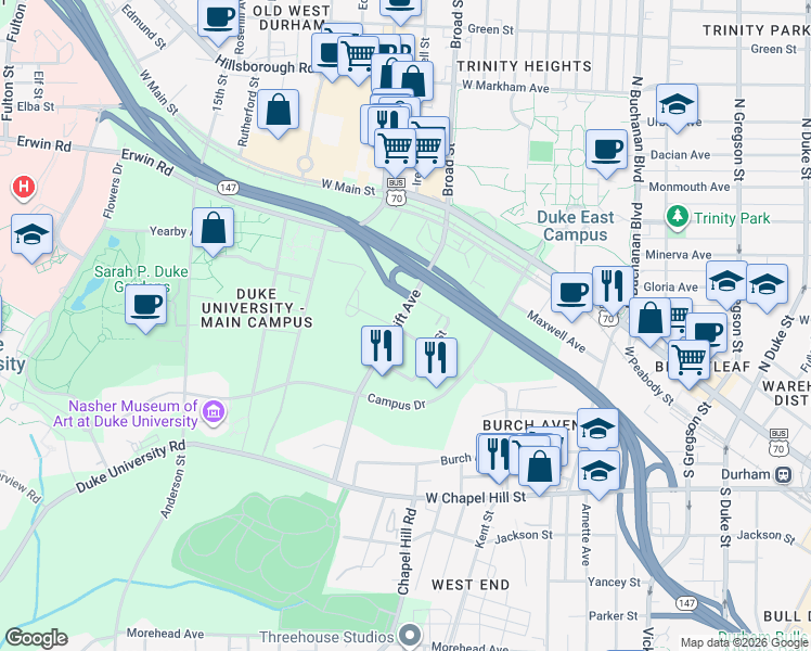 map of restaurants, bars, coffee shops, grocery stores, and more near 1407 Hull Avenue in Durham