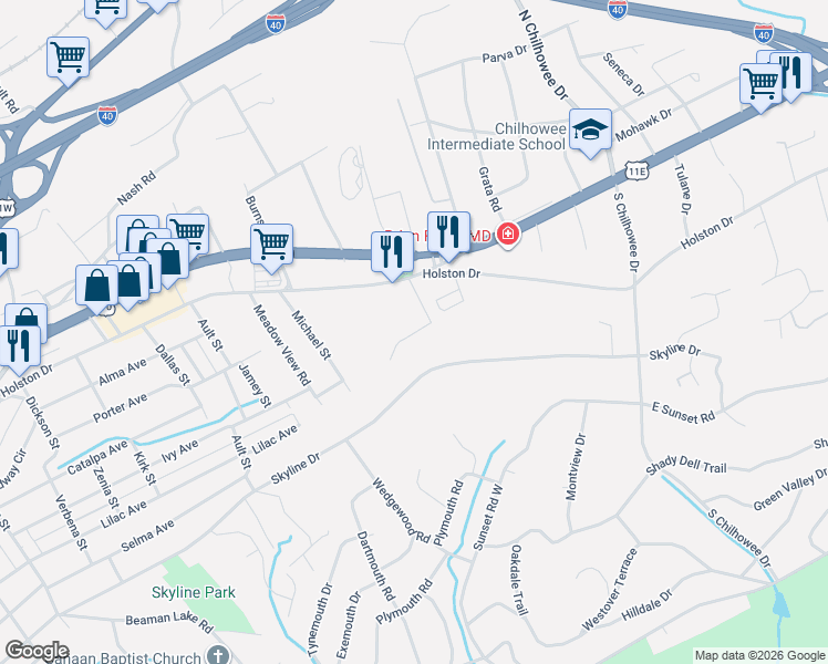 map of restaurants, bars, coffee shops, grocery stores, and more near 124 Holston Court in Knoxville