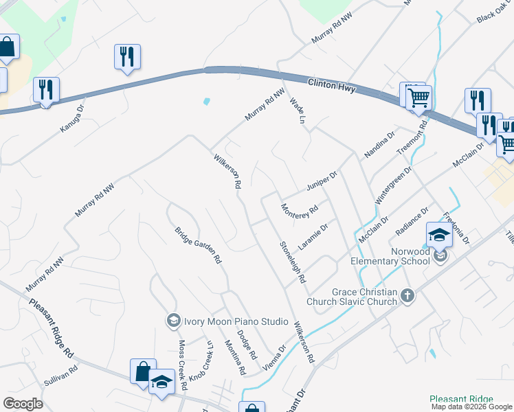 map of restaurants, bars, coffee shops, grocery stores, and more near 2413 Lamp Drive Northwest in Knoxville