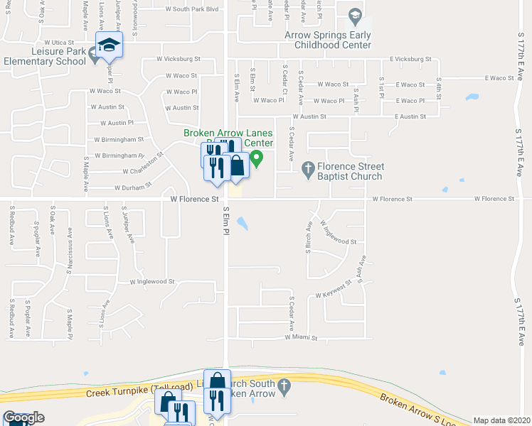 map of restaurants, bars, coffee shops, grocery stores, and more near 4801 South Elm Place in Broken Arrow