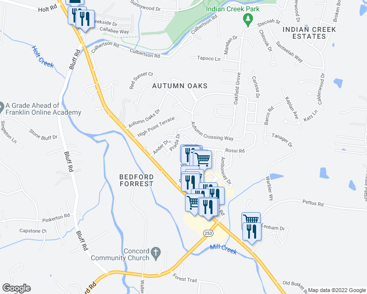 map of restaurants, bars, coffee shops, grocery stores, and more near 8306 Oak Knoll Drive in Brentwood