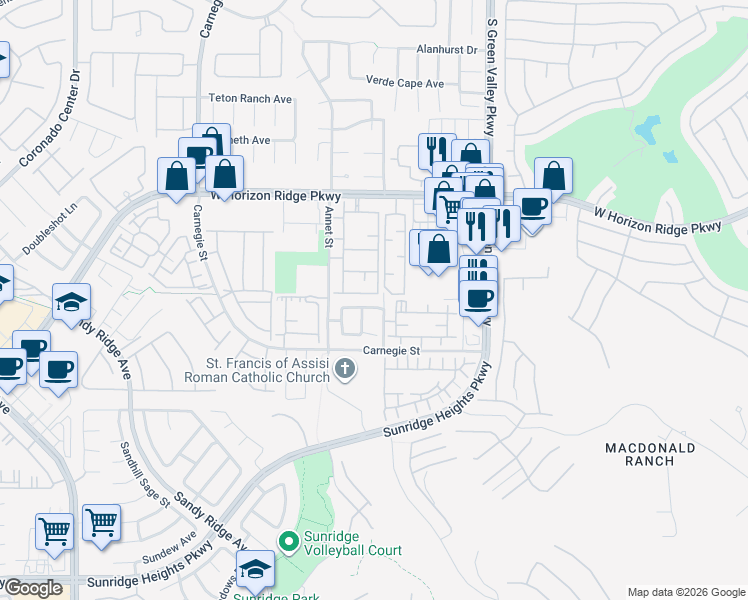 map of restaurants, bars, coffee shops, grocery stores, and more near 930 Carnegie Street in Henderson