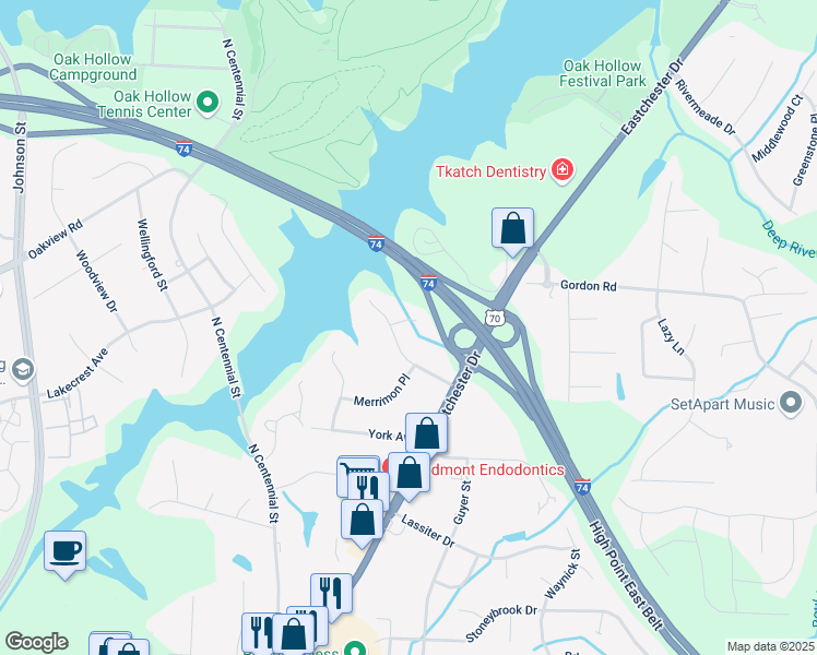 map of restaurants, bars, coffee shops, grocery stores, and more near 1702 Kimberly Place in High Point
