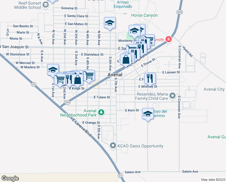 map of restaurants, bars, coffee shops, grocery stores, and more near 608-698 E Tulare St in Avenal