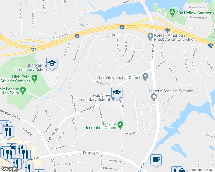 map of restaurants, bars, coffee shops, grocery stores, and more near 622 Woodlawn Road in High Point