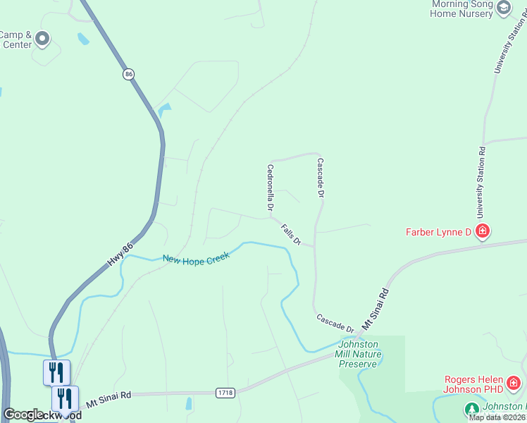 map of restaurants, bars, coffee shops, grocery stores, and more near 2416 Falls Drive in Chapel Hill