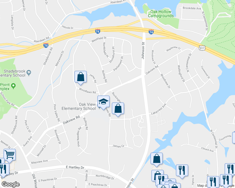 map of restaurants, bars, coffee shops, grocery stores, and more near 3326 Rockingham Road in High Point